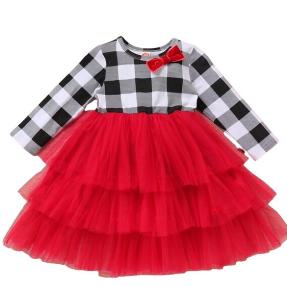 Girls Buffalo Plaid Red Tulle Party Dress Size 6-7 Long Sleeve Holiday Outfit